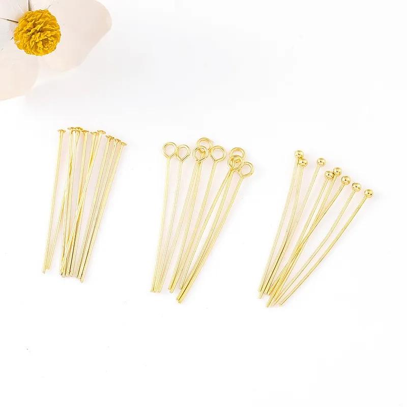 100 Pieces Per Batch 14K 18K Gold-Plated 16-50mm Ball Head Pin DIY Jewelry-Making Accessories Brass Metal Flat Head Eye Pin Supp