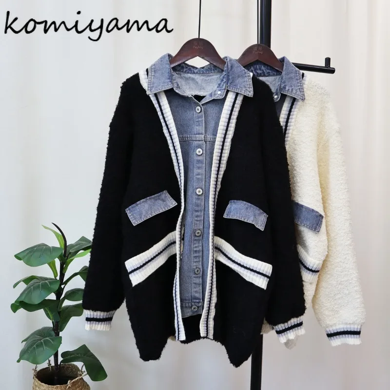 Komiyama Patchwork Denim Cardigans Femme Fake Two Piece Sweater Spring Winter Womens Clothing Loose Lapel Knitwears Tops