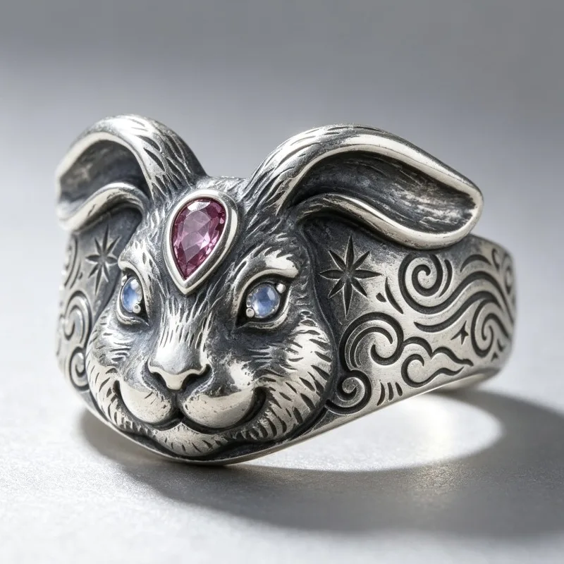 New fashion alloy electroplated antique silver rabbit ring, creative animal jewelry ruby jewelry women
