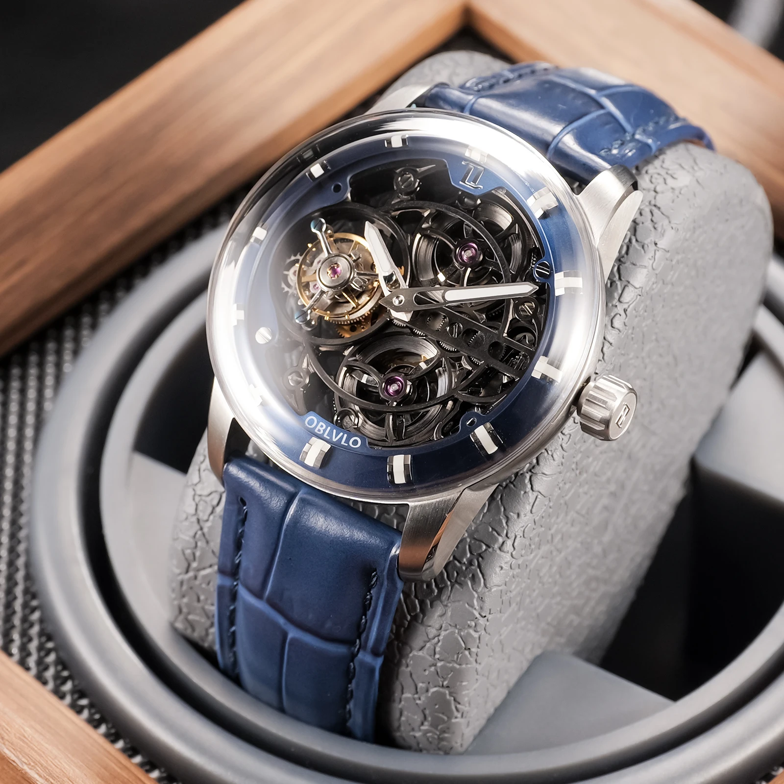 

OBLVLO New Design Hollow Out Mechanical Watch For Men Fashion Tourbillon Business Blue Leather Automatic Wriswatch Rejos IM-B-TB