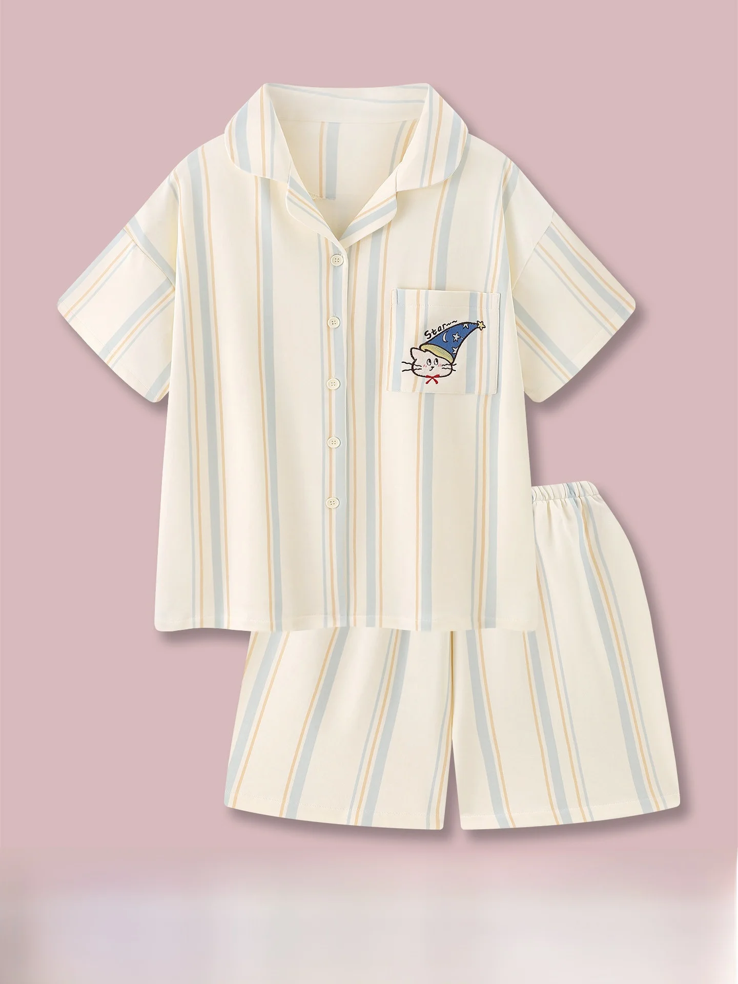 涼感のある純綿パジャマ女性の半袖ホーム服夏ストライプ猫パズルデザイン通気性快適