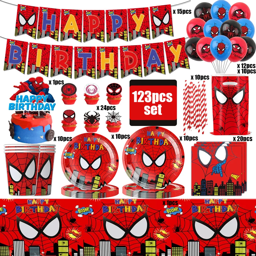 New Disney Spiderman Birthday Party Decor Set Balloons Napkins Spiderman Tablecloth Banner Superhero Kids Birthday Party Supplie