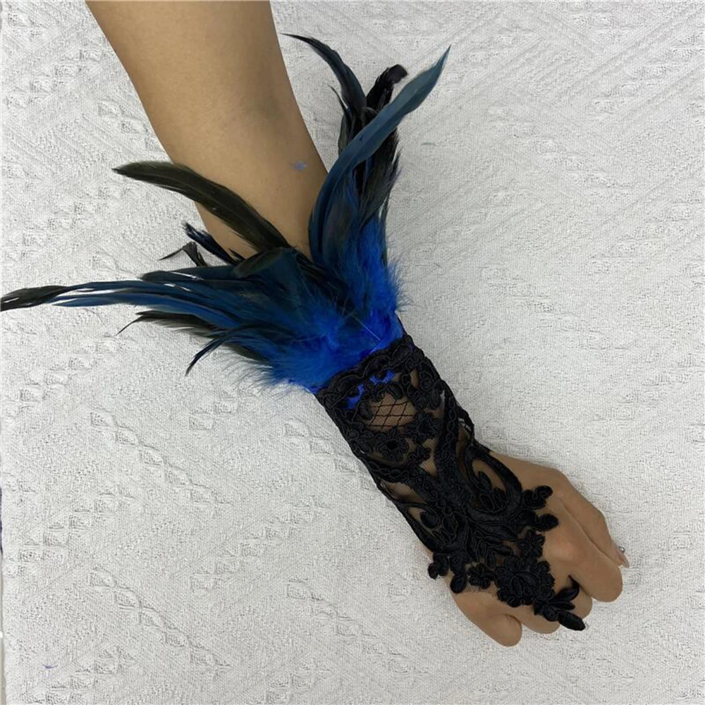 Mesh Gloves Women Halloween Lolita Cosplay Y2k Feather Cuffs Fingerless Mittens Lace Black Long Rave Accessories Feather Dance