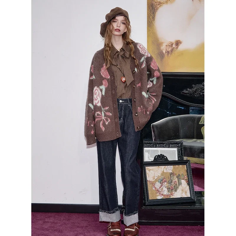 ELFSACK  Winter Casual Color Block Large Rose Print Knit Cardigan For Woman