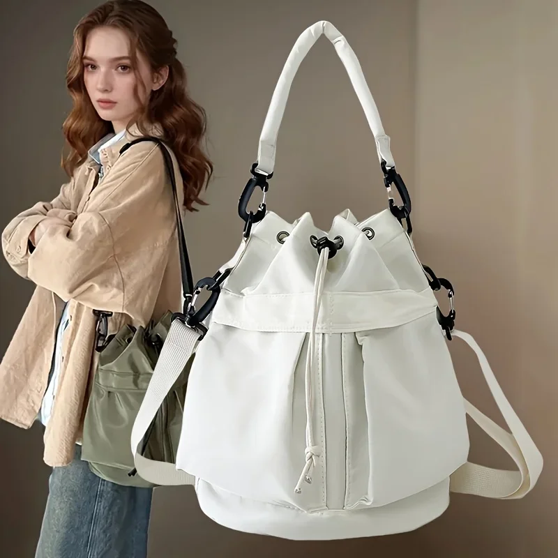 1 قطعة حقيبة دلو نايلون للسيدات مع إغلاق برباط للاستخدام اليومي غير الرسمي حقيبة كتف واحدة محمولة متعددة الطبقات خفيفة الوزن