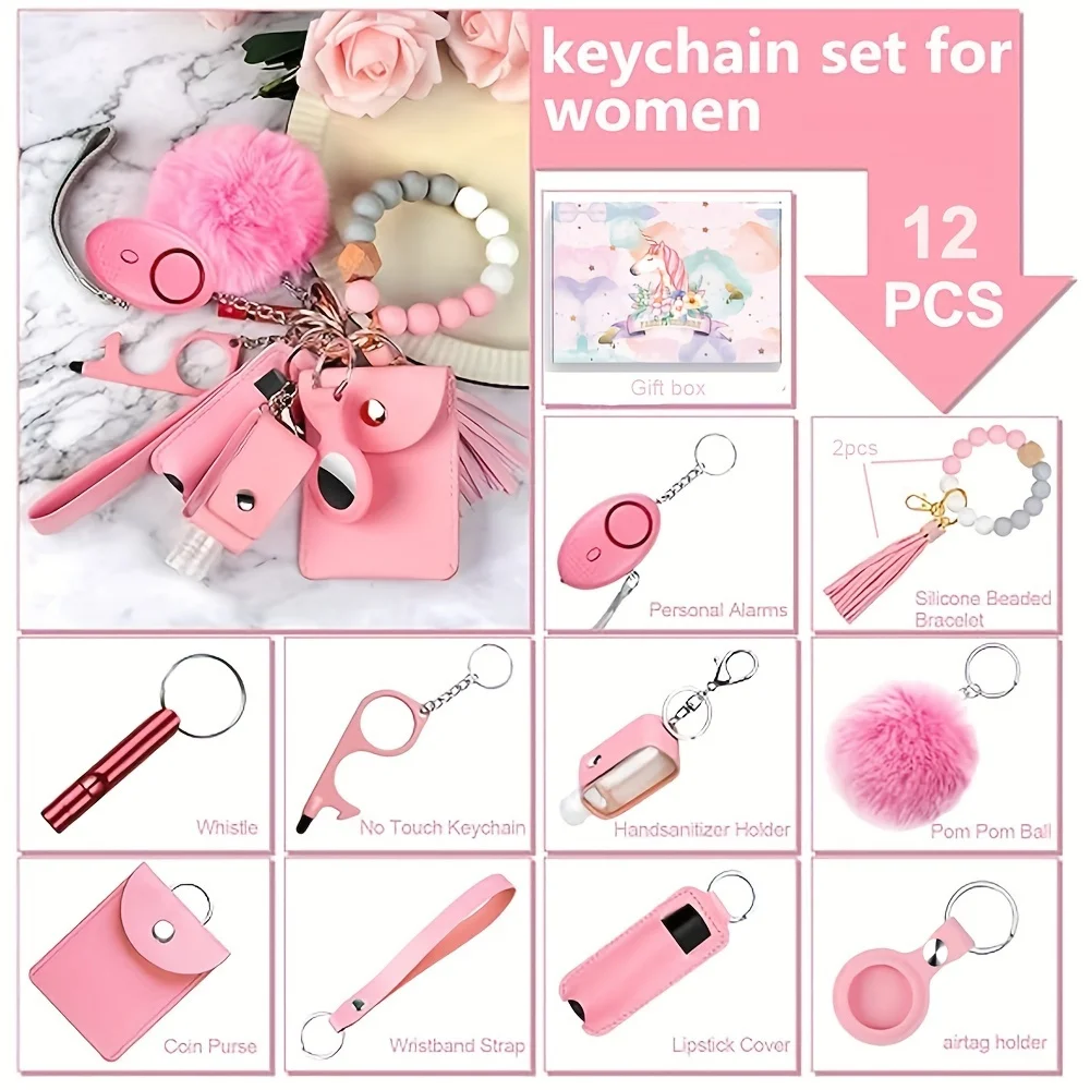 PU Faux Leather Safety Keychain Set para Mulheres, Chaveiros com Alarme Pessoal, Embalagem de Presente, Feito, Novo, 12Pcs