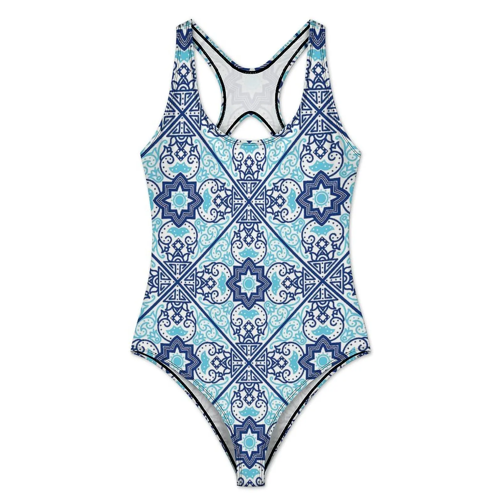 Retro Ethnic Swimsuit Sexy Blue Tribal Print Female Swimwear One Piece Trend Swimsuits Holiday Swim Push Up Hollow Out Monokini