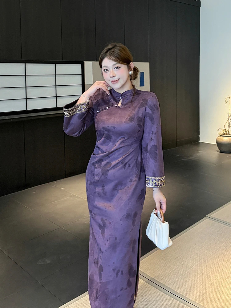 

Новое китайское длинное платье-халат из фиолетовой замши больших размеров с цветочным принтом, завышенной талией, элегантное, для вечеринок