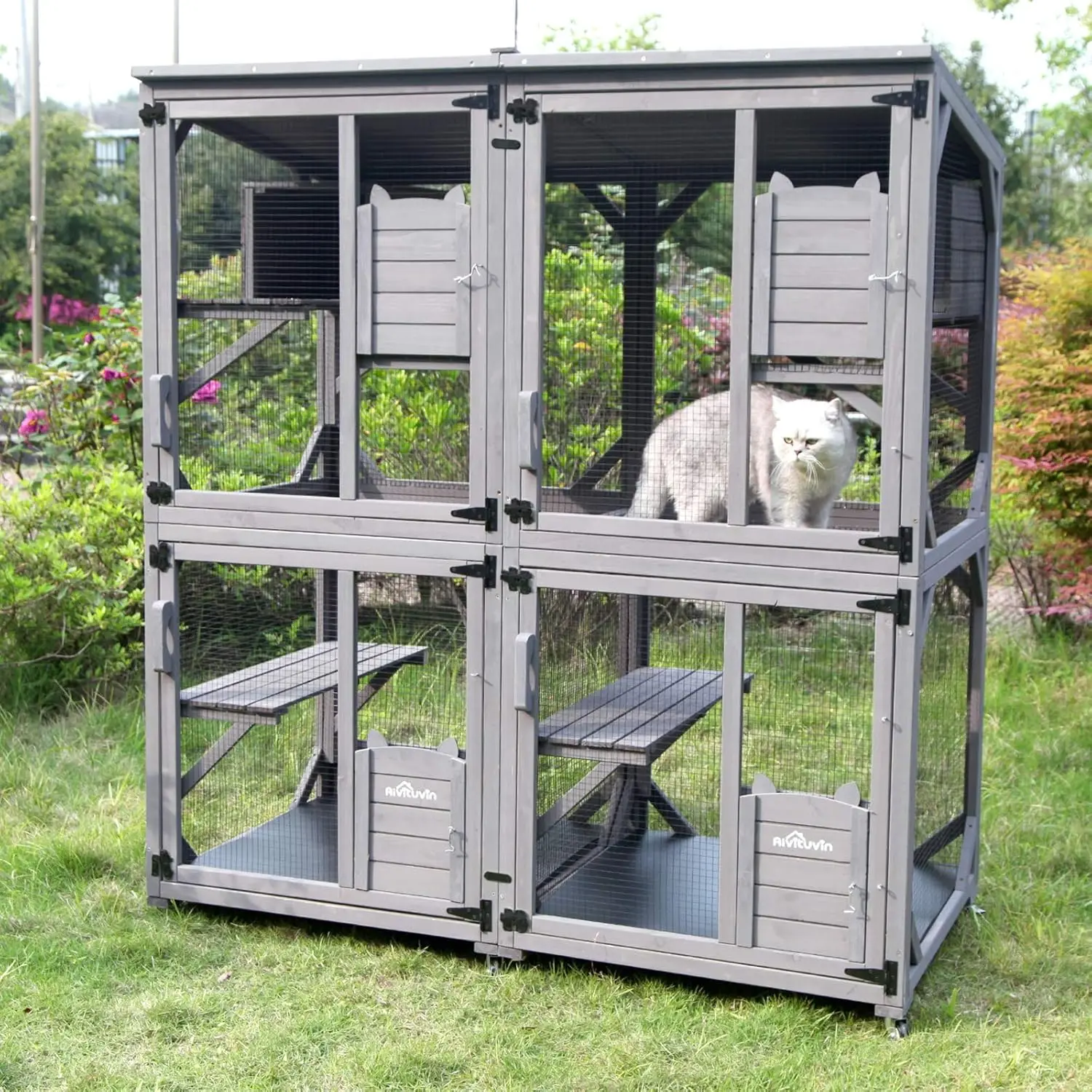 Cat Catio Kitty House Outdoor and Indoor Run Large Wooden Cat Enclosure on Wheels 70.9