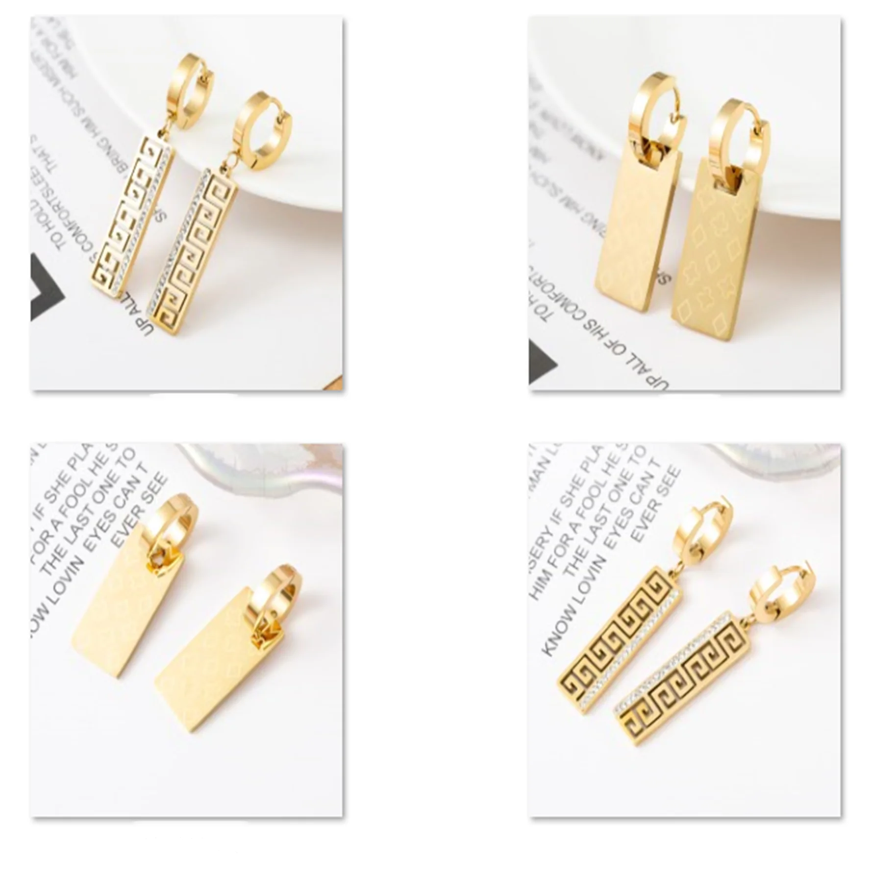 Hohle rechteckige Damen-Clip-Ohrringe, Edelstahl plattiert mit 18 Karat Gold, personalisierte Anhänger-Ohrringe