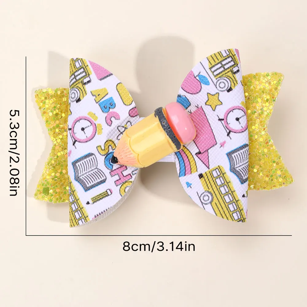 2Pcs Sweet Leather Print Hairpin Cartoon Letter Clock Bows Hair Clip Glitter Back To School Barrettes Boutique Headwear