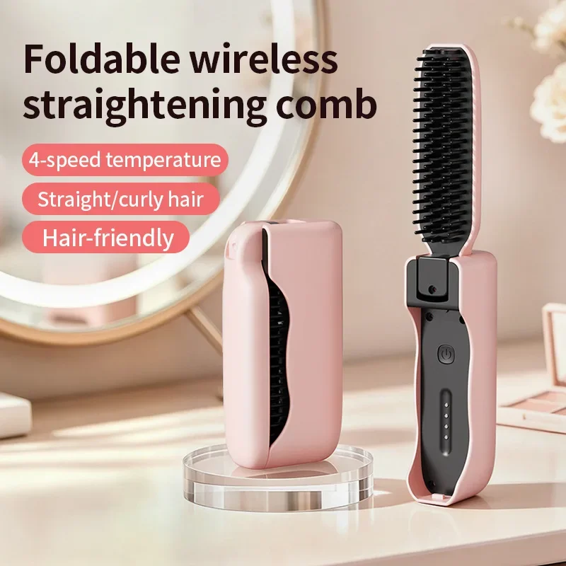 Folding Cordless Hair Straightener Brush Ionic Hot Comb Adjustable Heat LED Display USB Rechargeable Portable Styling Tool