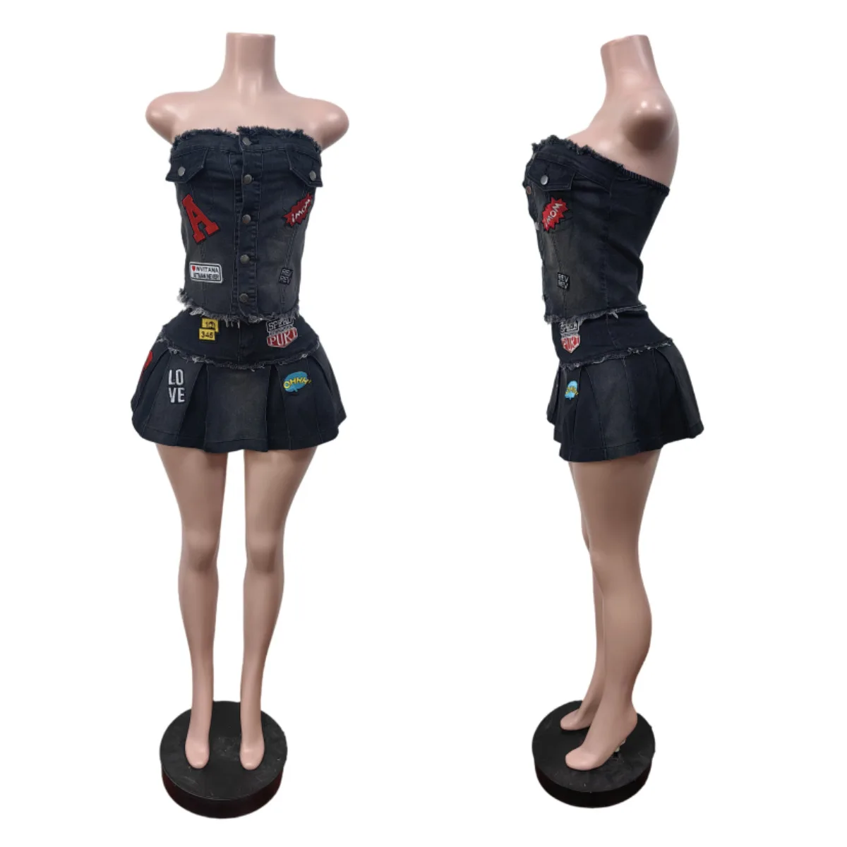 

Women Jeans Suits Embroidery Tassel Denim 2 Piece Set Strapless Backless Single Breasted Tank Crop Tops + Mini Pleated Skirts