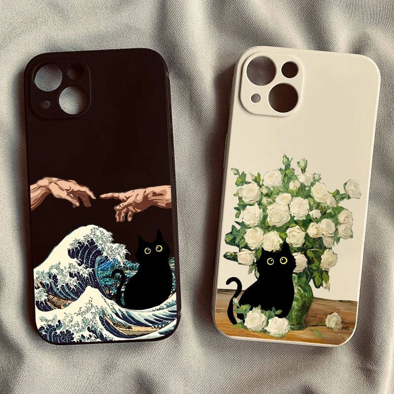 Black Cat Phone Cases for Iphone 7 8 16 15 14 11 12 13 Pro Max Mini X XR XS Case Art Van Gogh Oil Painting Soft Shockproof Cover