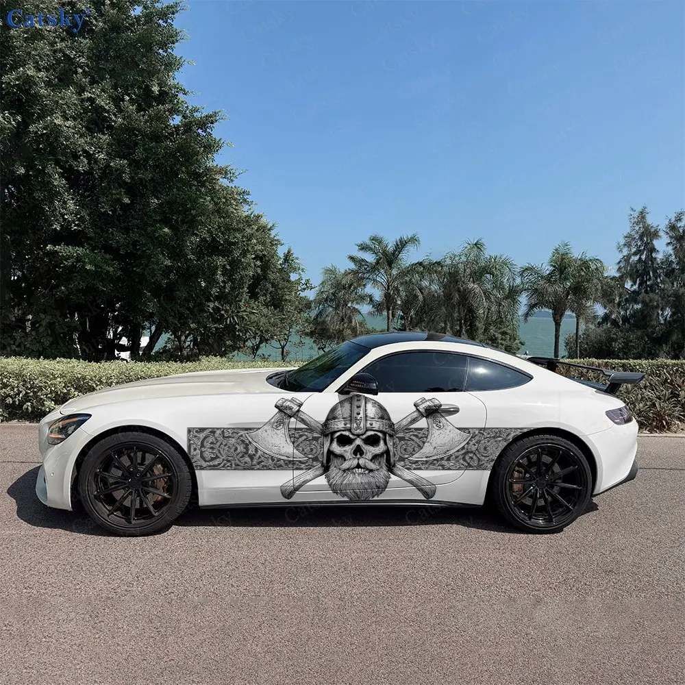 2pcs Helmet Skeleton Double Axe Car Side Wraps, Self-Adhesive PVC Waterproof & Scratch-Resistant Stickers, Car Accessory Gift