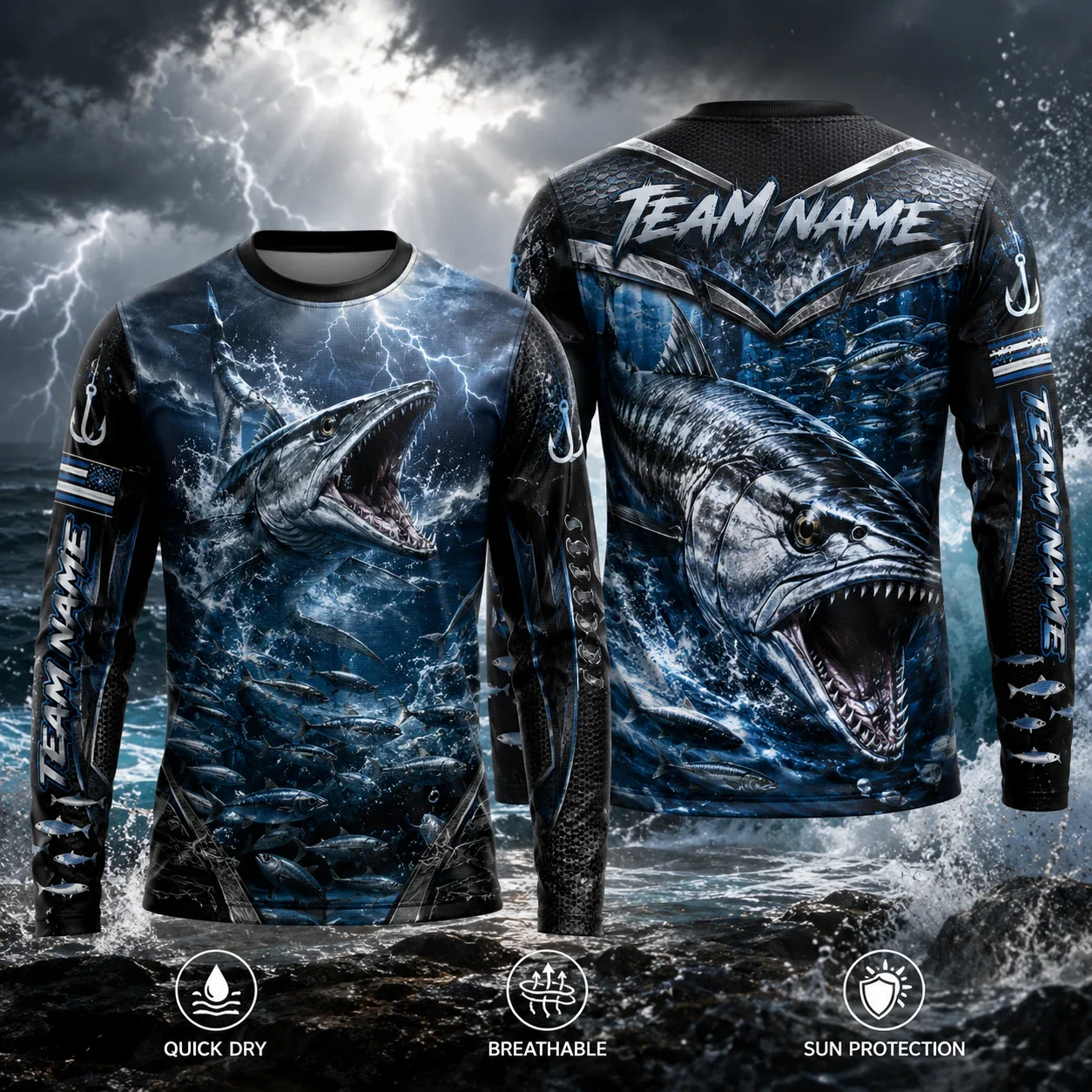Unisex Long Sleeve Fishing Shirt, Barracuda Fish All Over Print Top, Quick Dry Sun Protection Outdoor Angling Tee for Men Women