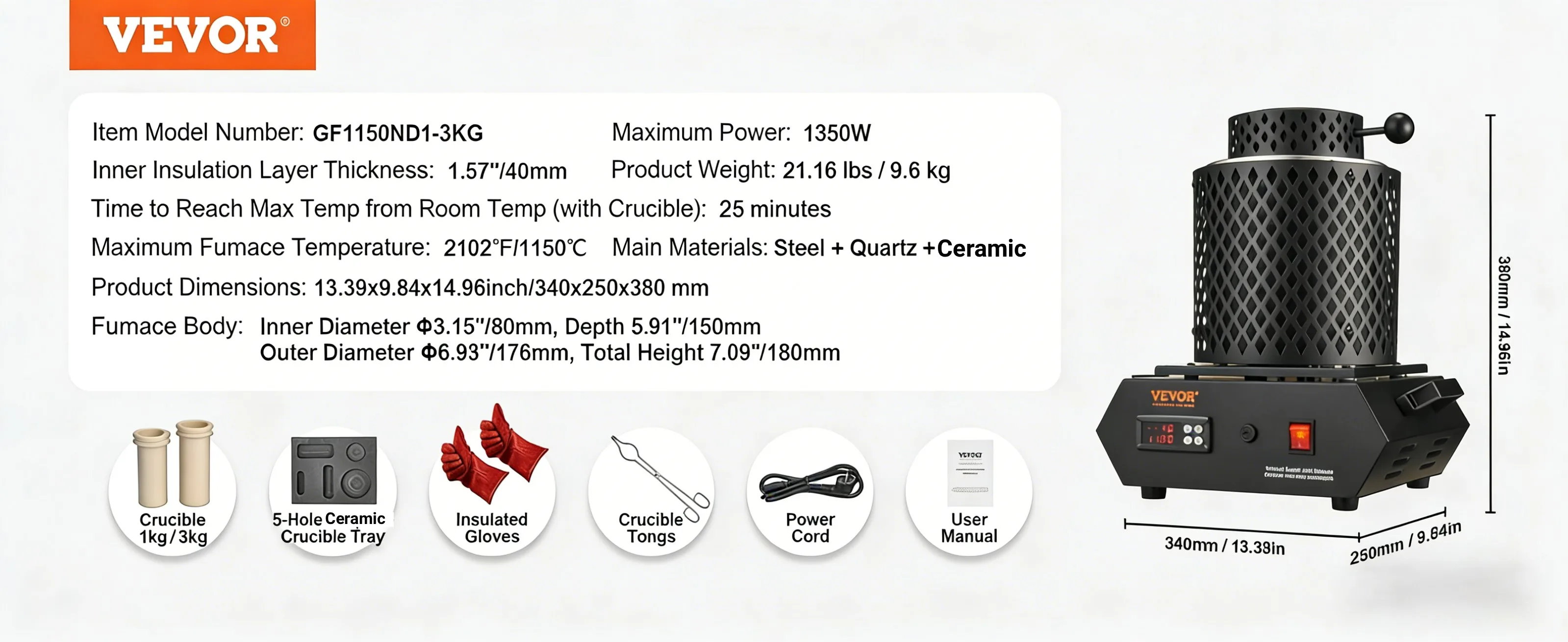 VEVOR 1350W Goldschmelzofen 2102 ℉ /1150 ℃ Elektrischer Schmelzofen mit Schmelztiegeln für Gold, Silber, Aluminium und Kupfer – Detail 1