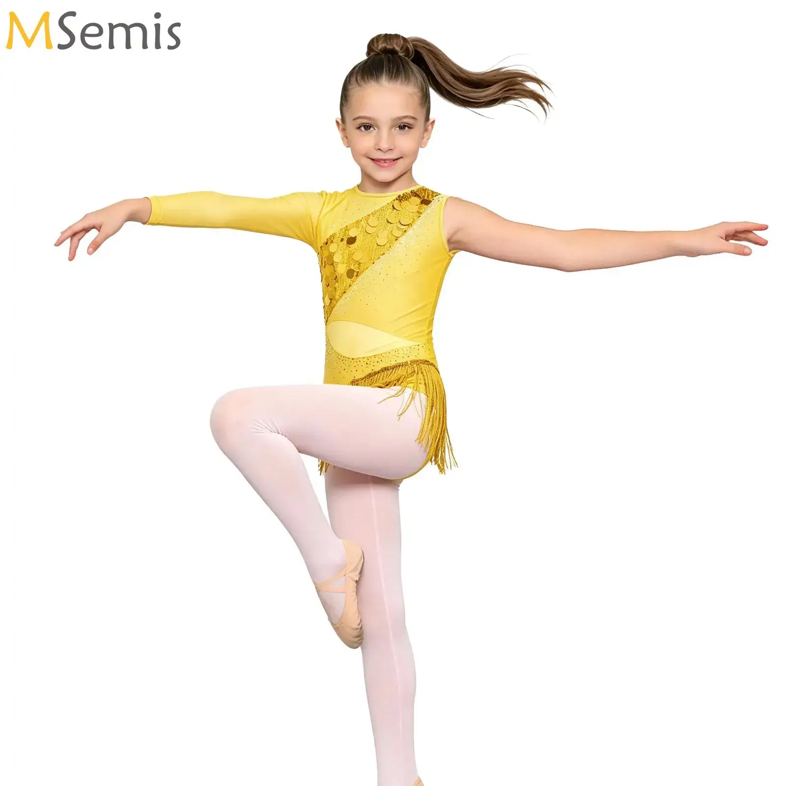 

Kids Girls Latin Dance Performance Costume Modern Jazz Latin Samba Rumba Salsa Dance Sequins Ballet Leotard Tassel Skirts Dress