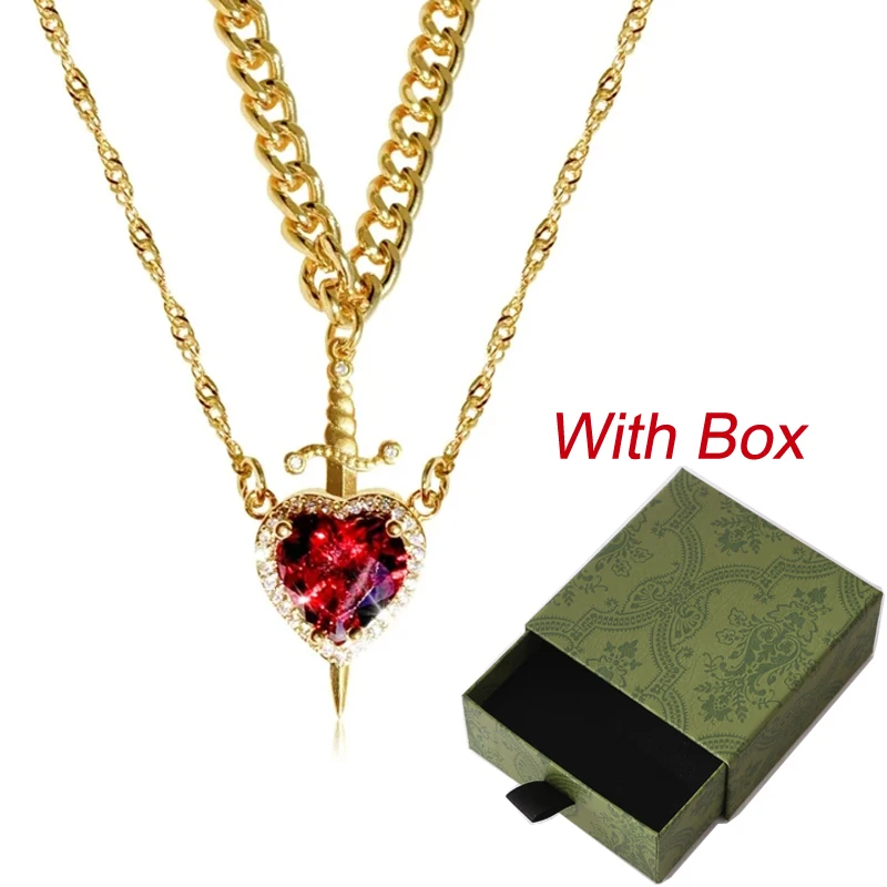 Heart and Sword Necklace Set of 2 - 18K Gold Plated STAINLESS STEEL Crystal Couple Necklaces for Women Men Boyfriend Girlfriend