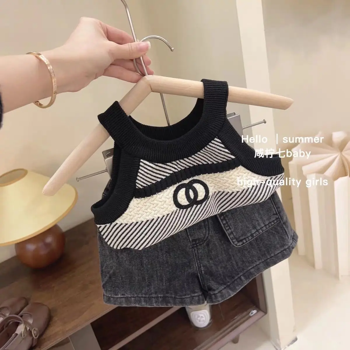 Kids Girls\' Summer Clothing Set New Children\'s Baby Fashion Sleeveless Top denim shorts two-piece set