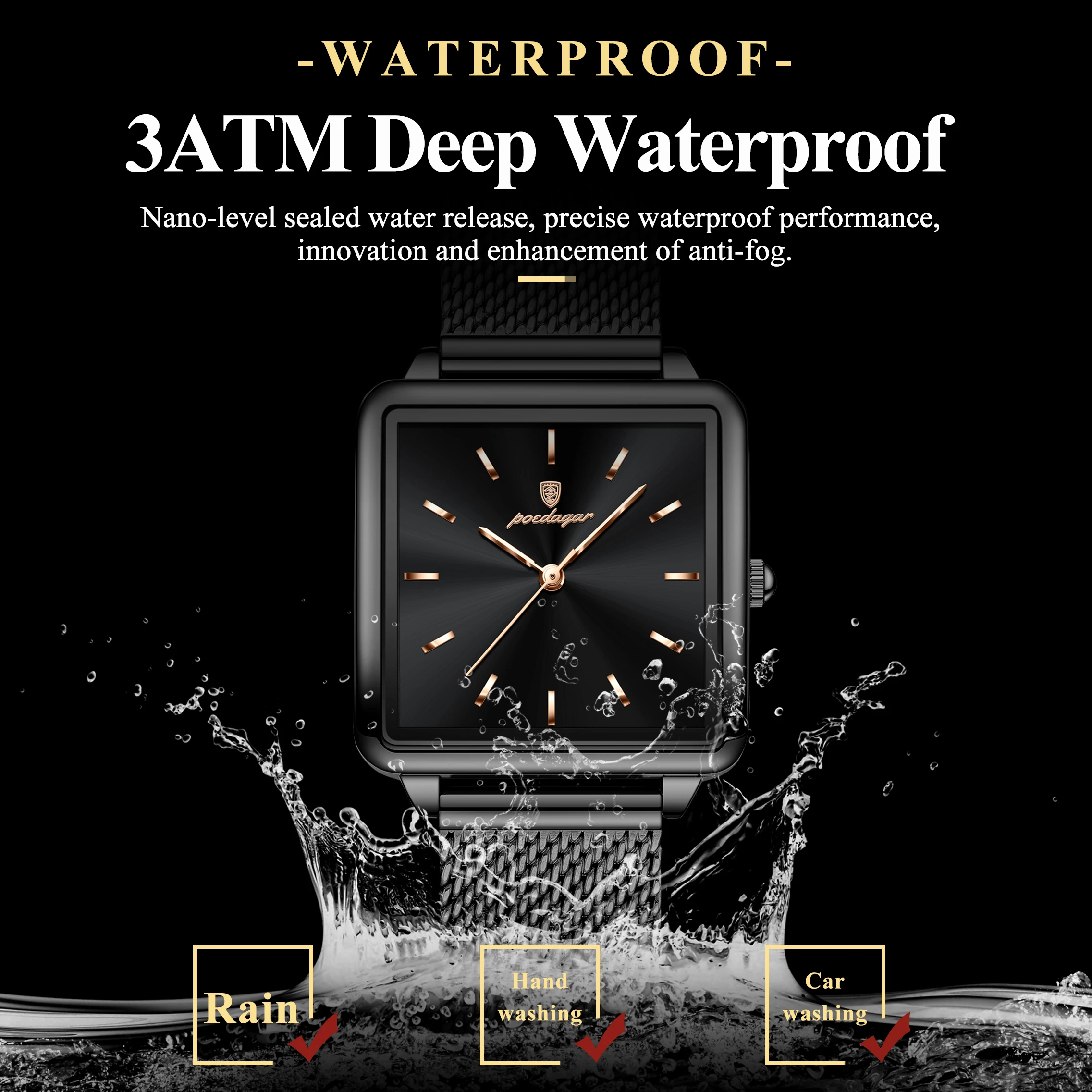 POEDAGAR أزياء العلامة التجارية السيدات ساعة اليد للماء شبكة الفولاذ المقاوم للصدأ امرأة ووتش أنيقة مربع الكوارتز الساعات النسائية Reloj