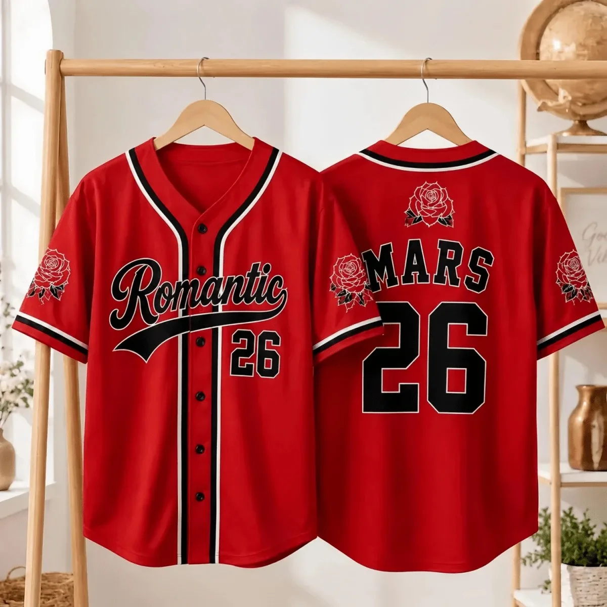 Romantic Mars 26 Baseball Jersey Unisex White Red Black Rose Print Button Short Sleeve Casual Streetwear Top for Men Women Gift