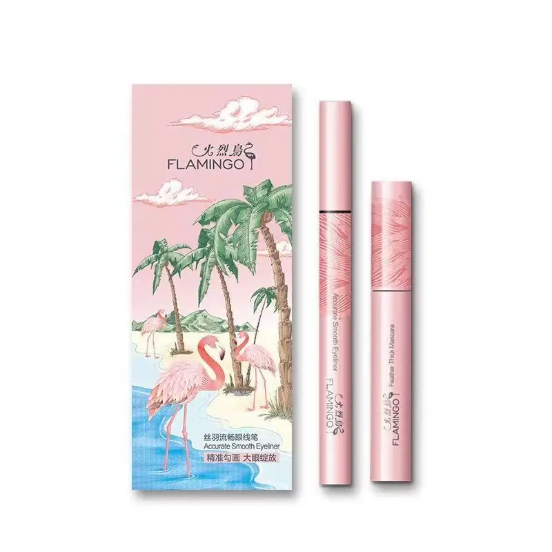 Flamingo Mascara Eyeliner Set Volume Mascara Zwarte Waterdichte Wimperverlenging Dikke Krullende Wimpers Borstel Schoonheid Make-Up