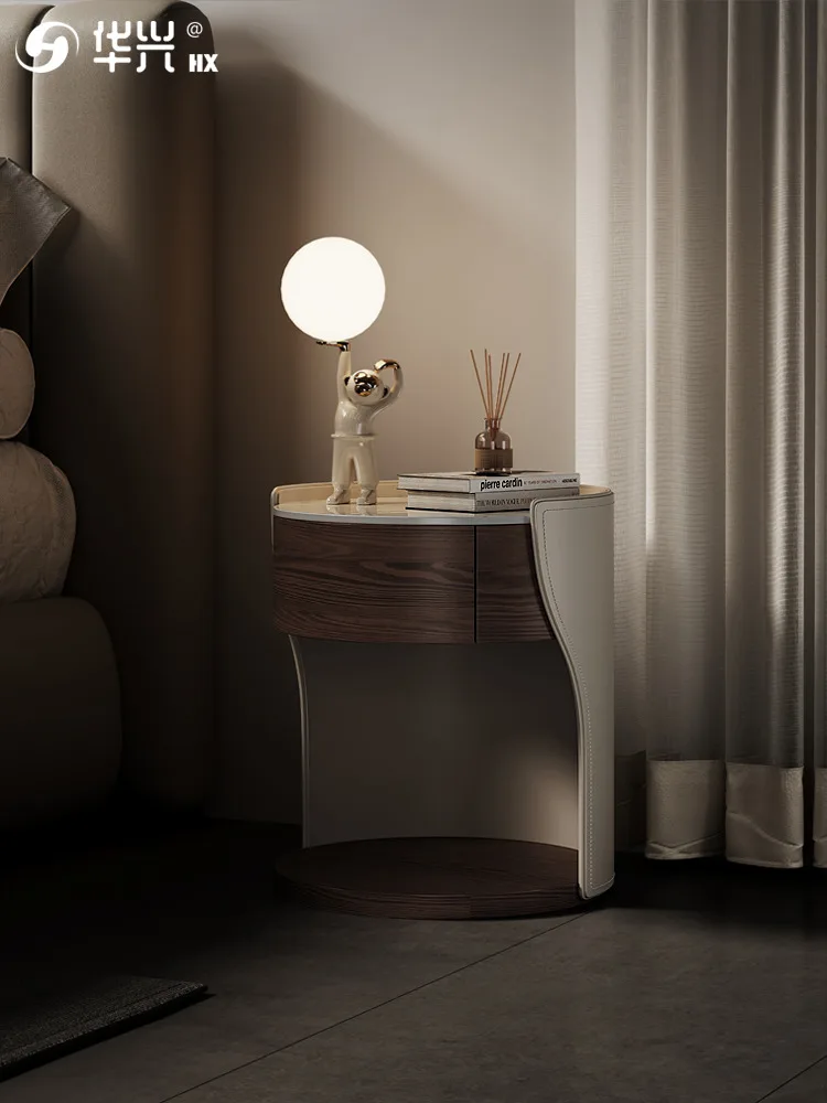 Designer's new creative and artistic bedside table, internet famous semi-circular bedroom, small edge, leather art, solid wood b