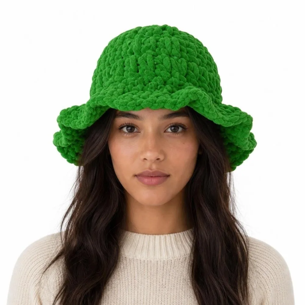 Fashion Sweet Ruffled Edge Fisherman Hat Cable Knit Wavy-Brimmed Knitted Beanie Handcrafted Thick Winter Warm Bucket Hat Cycling
