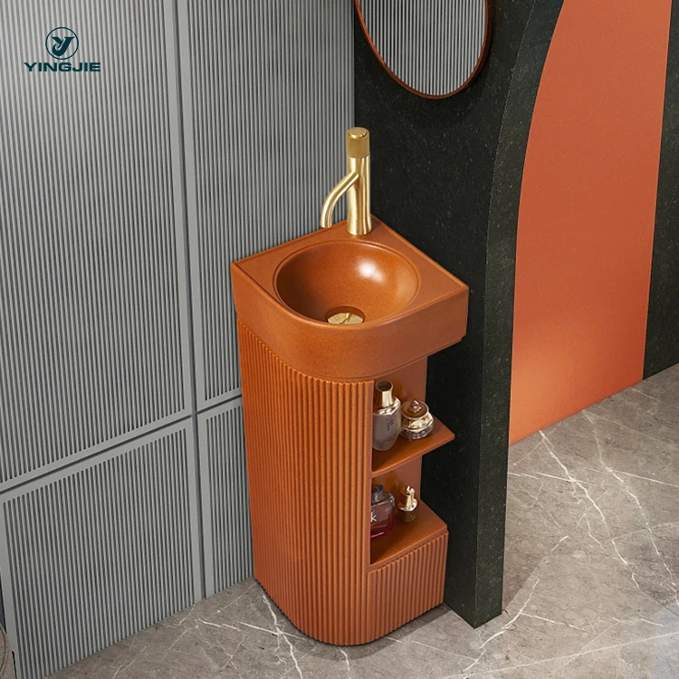 Sanitary Orange Black Gold Wash Basin Pedestal Sink with Storage Drawers