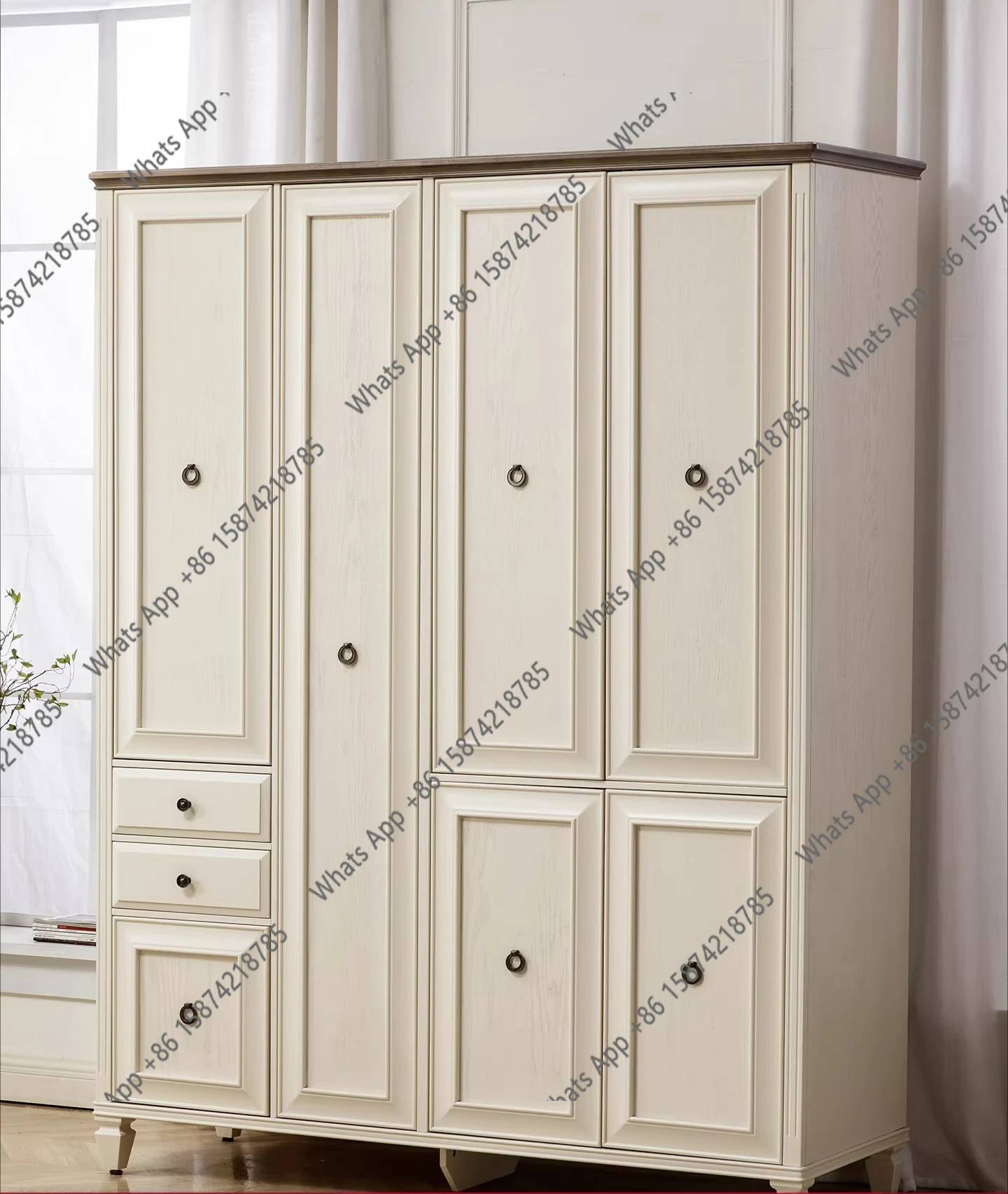 American wardrobe pure solid wood four-door large wardrobe light luxury custom white furniture swing door bedroom locker