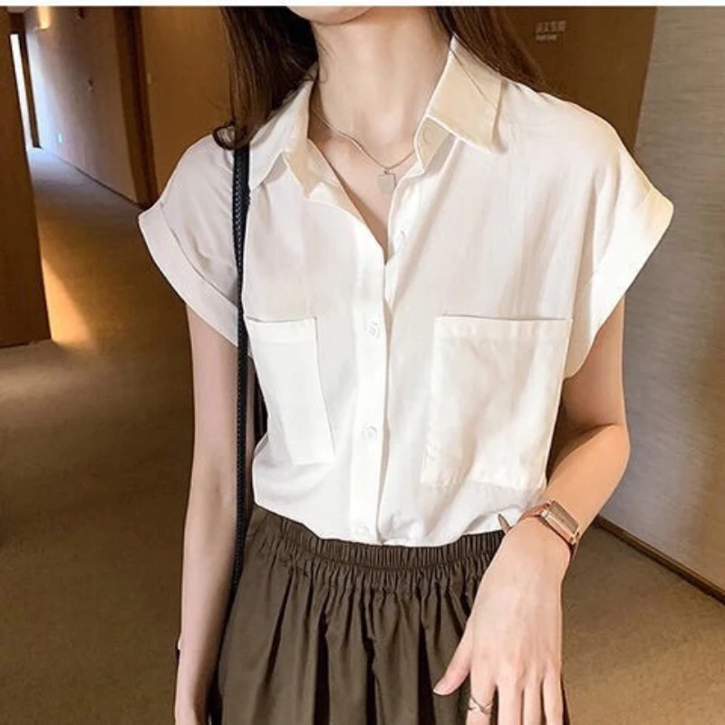 2023 Women\'s Summer Loose Sleeveless POLO Collar Single Breasted Panel Pocket Solid Color Short Fashion Casual Versatile Blouse