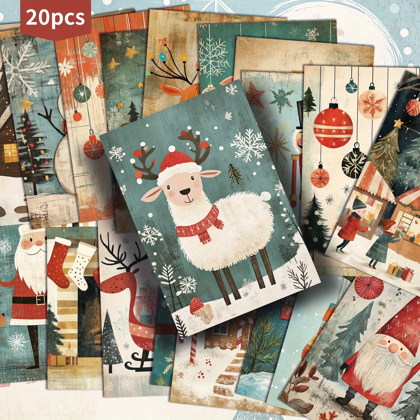 20PCS Vintage Christmas Postcards, Christmas Design, Including Santa Claus, Reindeer, Snowmen, Etc., Suitable for Scrapbooks