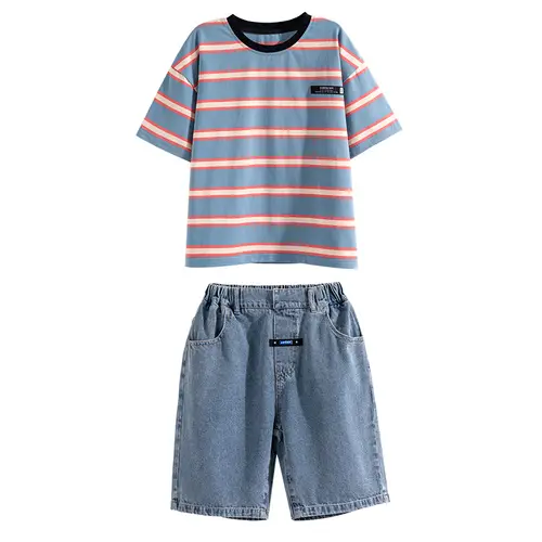 Tween Boy Summer Clothing Set Child Casual Cotton Stripe T-shirt & Denim Shorts 2 Piece Suit Teenage Kids Luxury Clothes Costume - Image 6