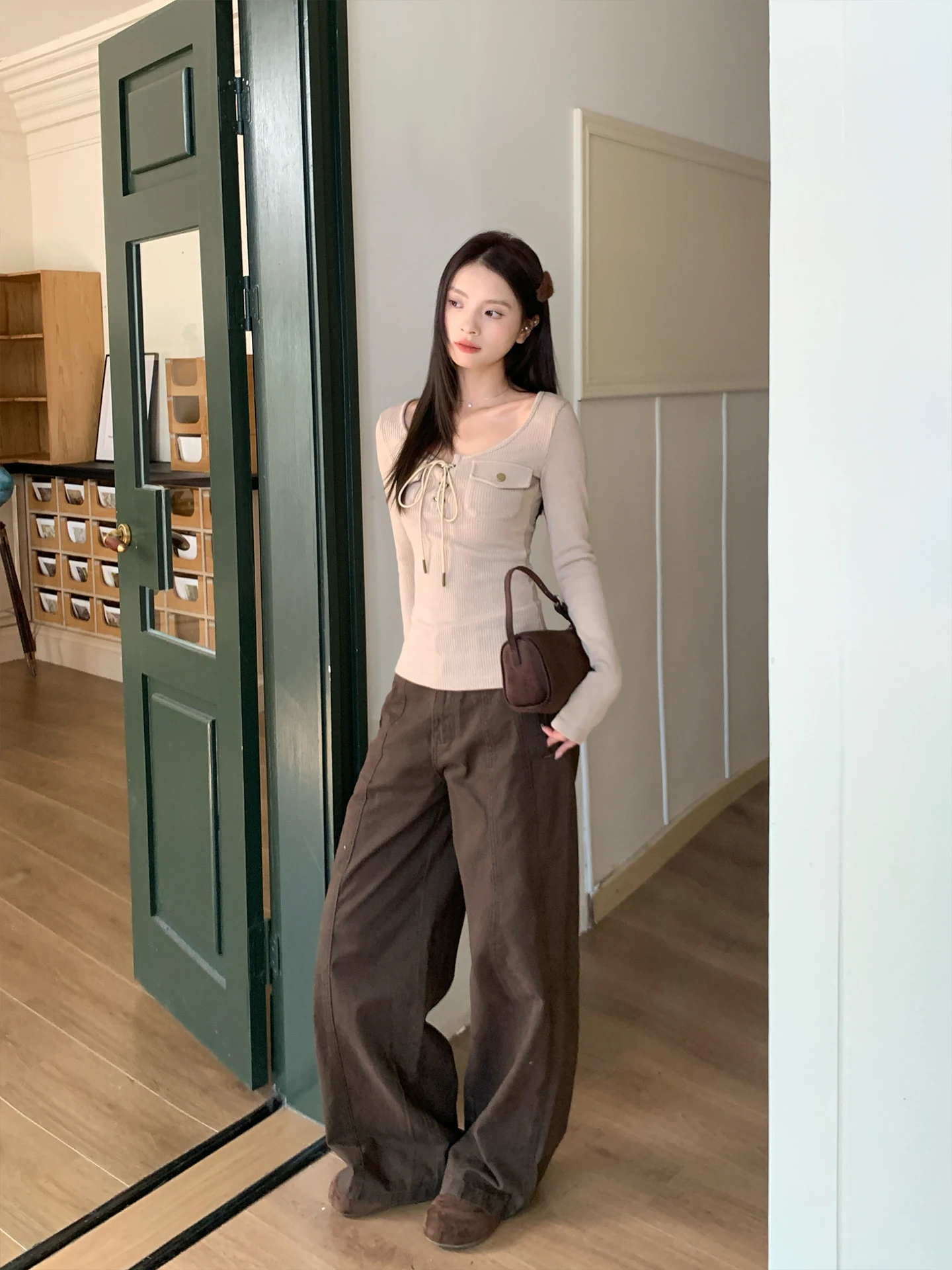 

High Waist Wide Leg Denim Jeans Women's Autumn Winter New Loose Lazy Floor Length Pants American Retro Coffee Color Casual Tr...