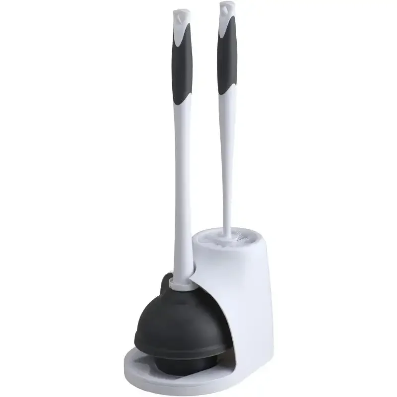 Toilet Plunger and Bowl Brush Combo Set with Caddy, White/Gray