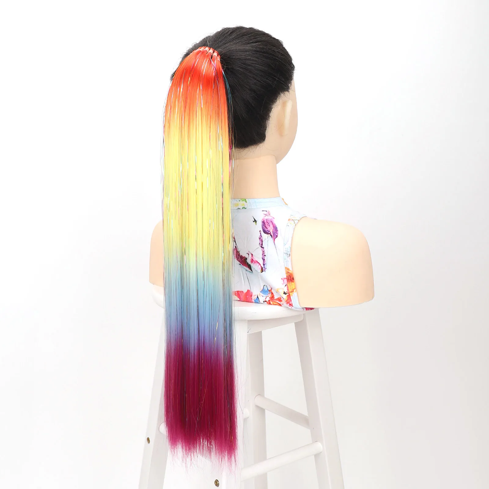 Queue de cheval colorée synthétique pour filles, extension de cheveux, clinquant scintillant, bandes de caoutchouc, postiche colorée