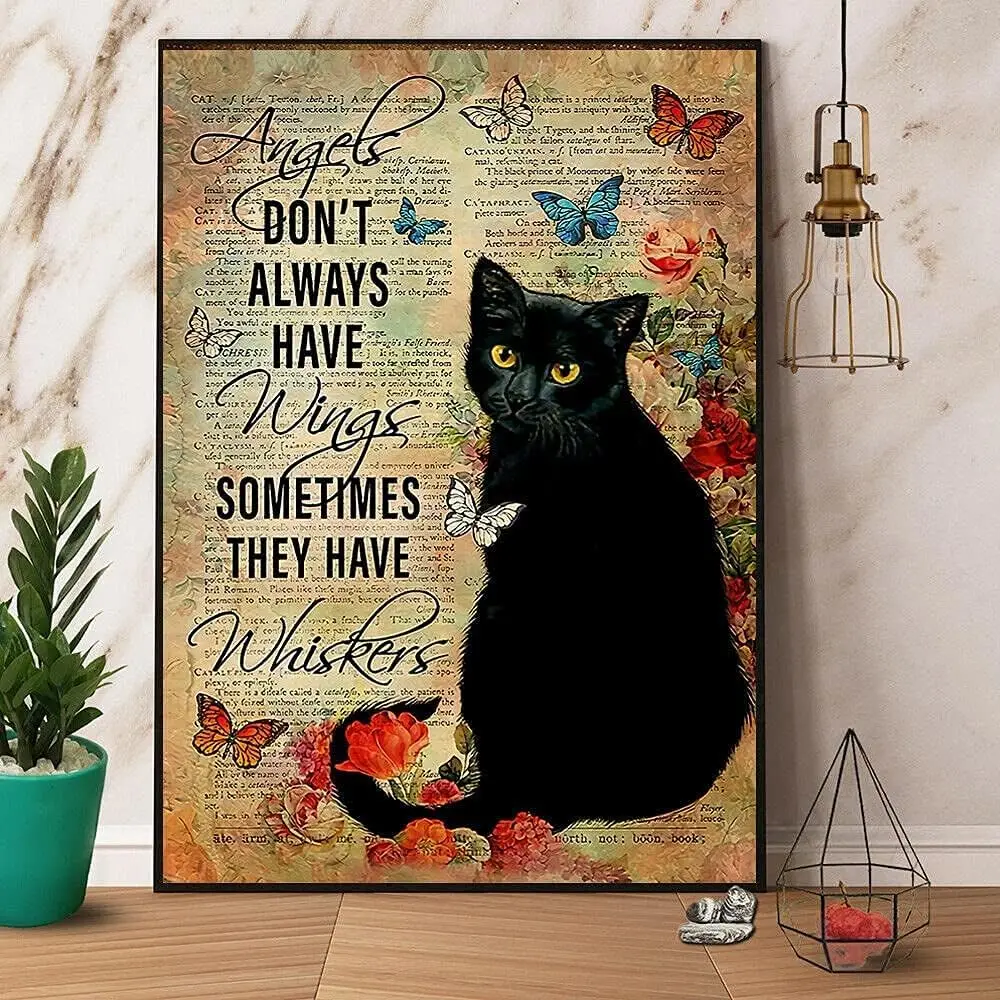 Tin Sign Black Cat & Butterflies Angels Don;t Always Have Wings They Have Whiskers Vintage Metal Sign Gift Bedroom Retro No