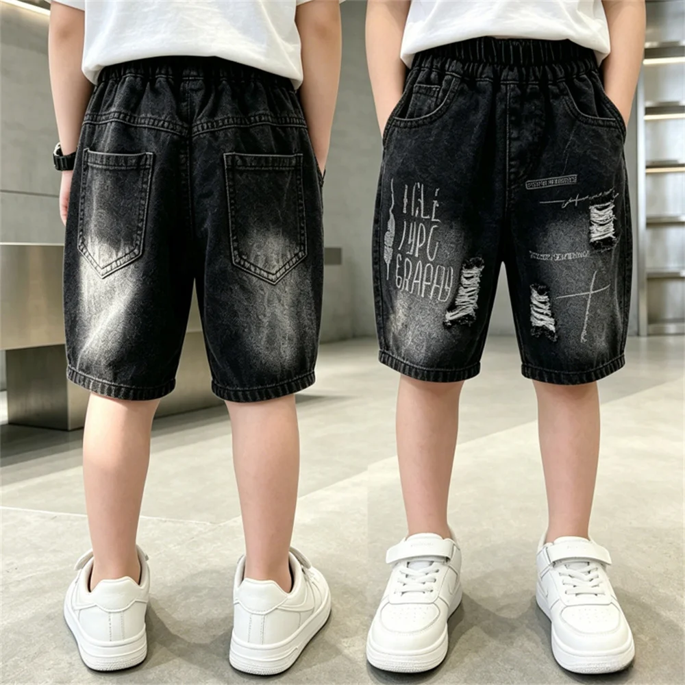 New Summer Kids Boy Black Color Ripped Denim Shorts With Letters Children Stylish Streetwear Casual Shorts Age 2 To 11 Years Old