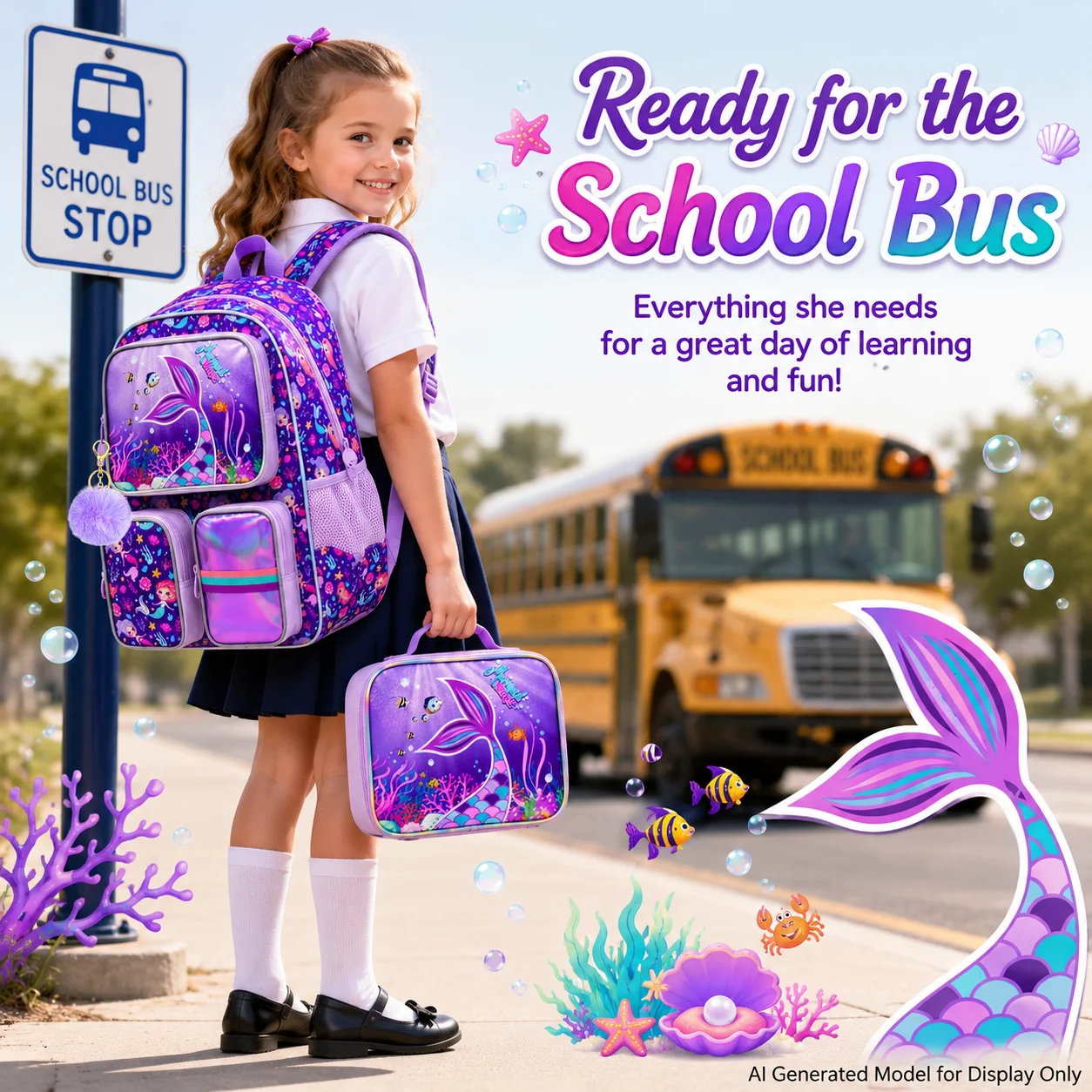 3pcs-16in-girls-backpack-set-uv-print-purple-mermaid-tail-school-bookbag-with-handbag-pencil-case