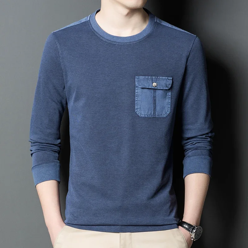 

Spring Autumn Mens T Shirts Long Sleeve O Neck Cotton Tshirt Fashion Patchwork Pocket Solid Tops Tees Men Casual Mens Clothing