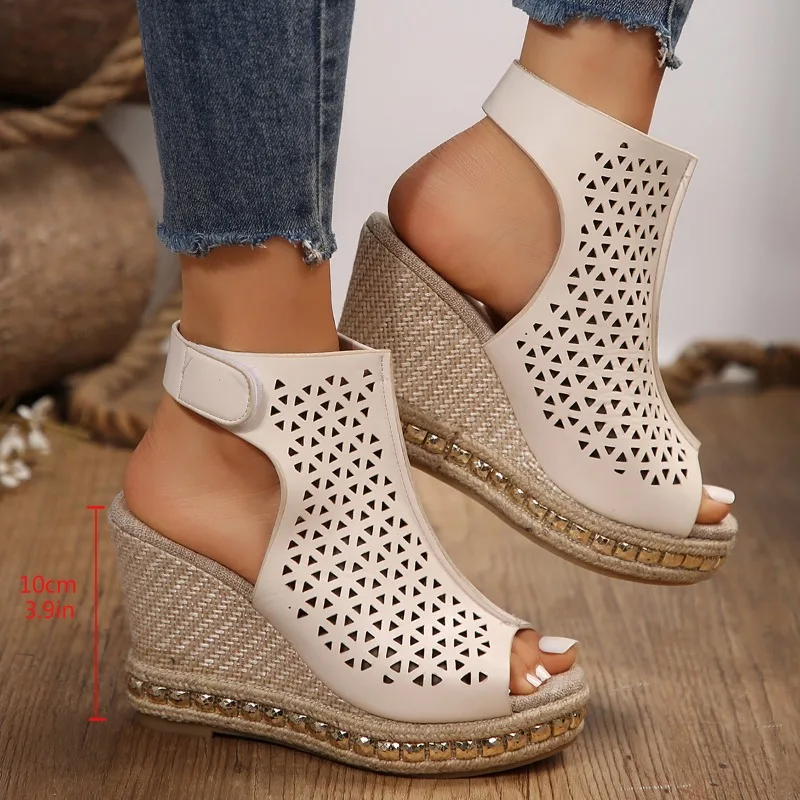 2024 Shoes Ladies Peep Toe Women\'s Sandals Plus Size Dress Sandals Women Hollow Rivet Bordered Super High Wedges Shoes Women