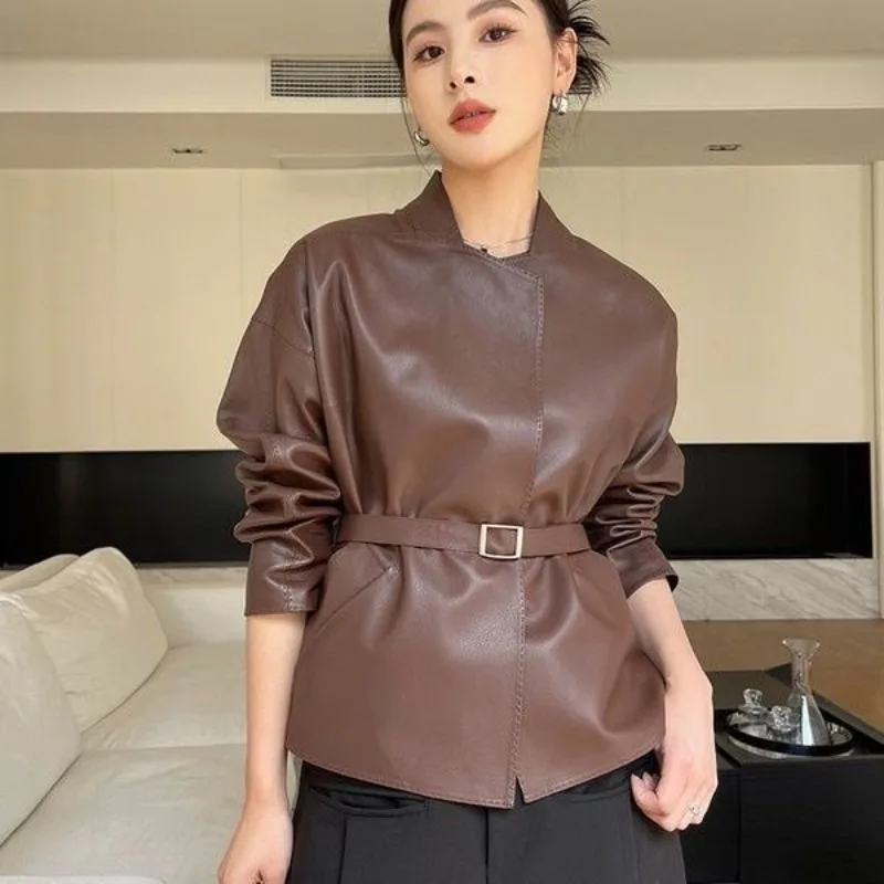 Women's Spring Autumn Leather Jacket Belt Short Tops Zipper Coats Loose Retro Fashion Design Sense Leisure Simple Brand Soft