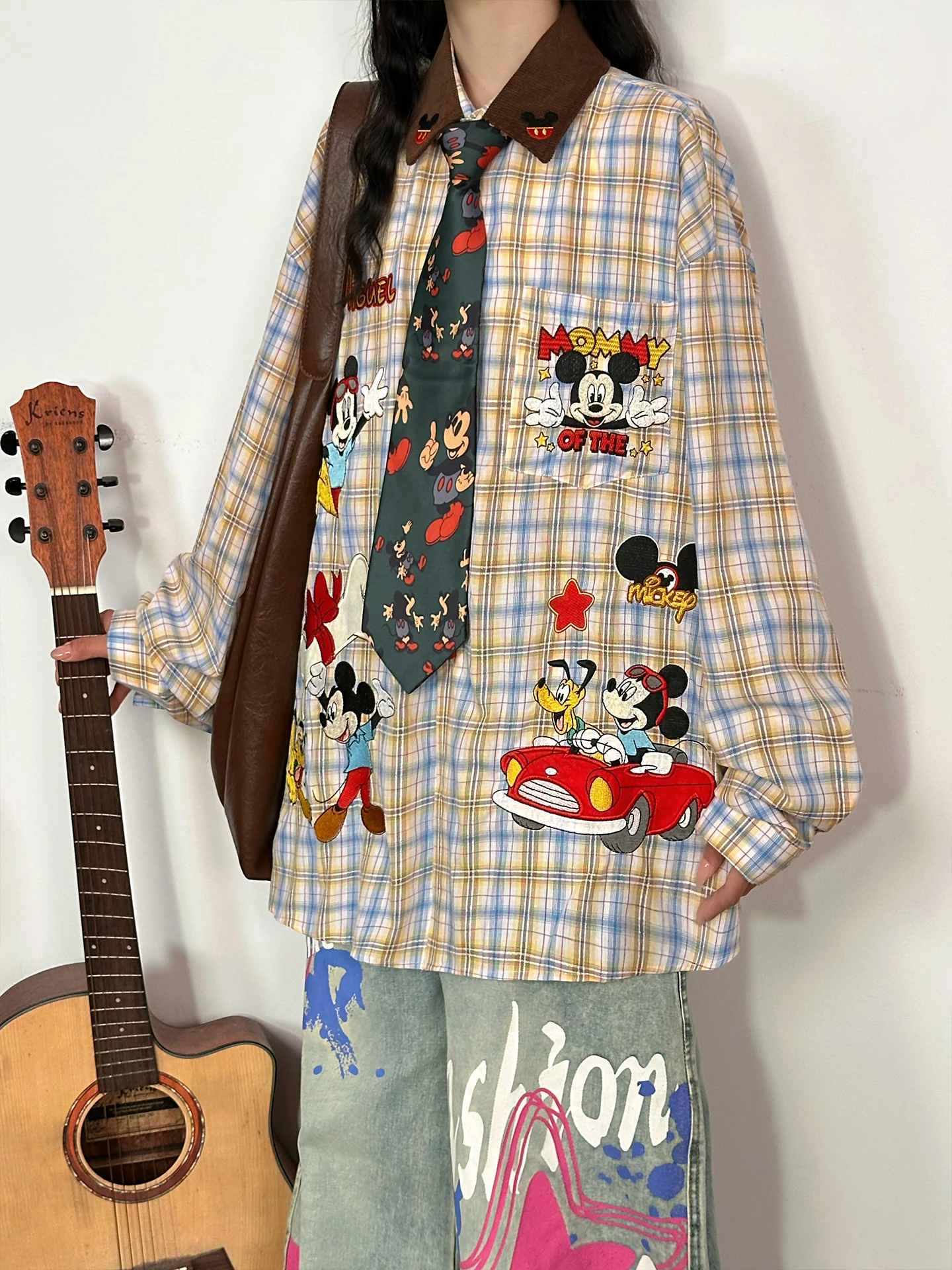 Retro Long Sleeve Casual Shirt with Cartoon Embroidery Loose Mid-Length Top Yellow Plaid Women Tops 2025 Autumn New