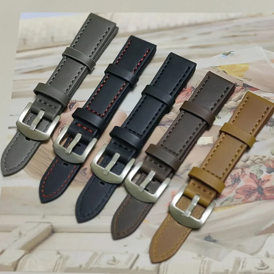Leather Strap 18mm 20mm 22mm 24mm, Thickened Bold Material WatchBand,Wrist Watch Bands with Silver Color Stainless Steel Buckle
