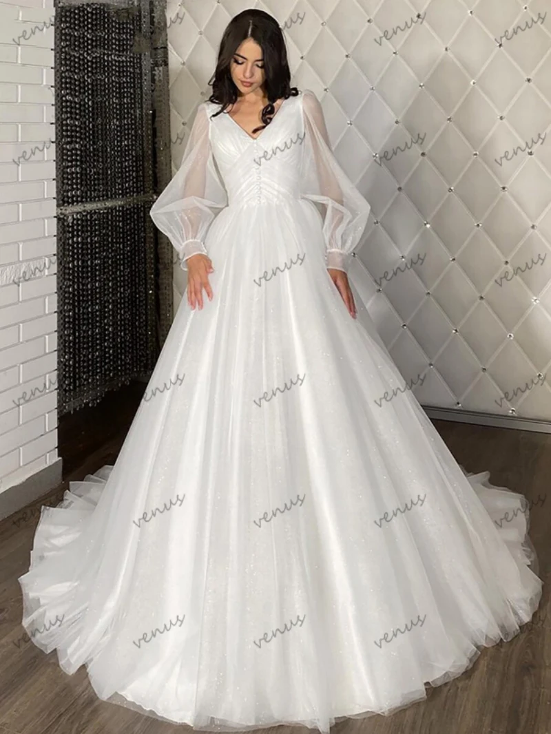 Anmutige Brautkleider bescheidene Brautkleider lange Puff ärmel V-Ausschnitt A-Linie Roben für formelle Party glamouröse Vestidos de Novia