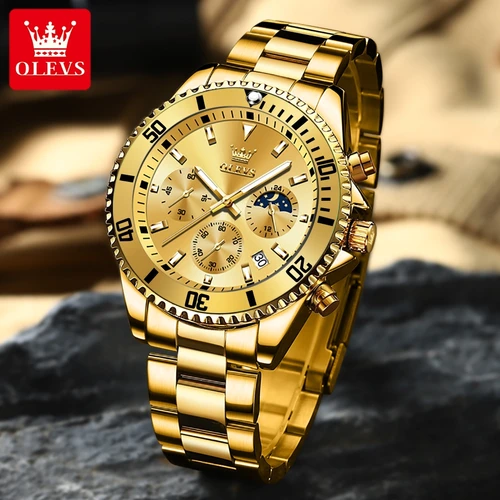 Imagen 2 del producto OLEVS 2870 reloj dorado de lujo para hombre, reloj de pulsera masculino resistente al agua de negocios a la moda, reloj de cuarzo de fase lunar de marca Original para hombre