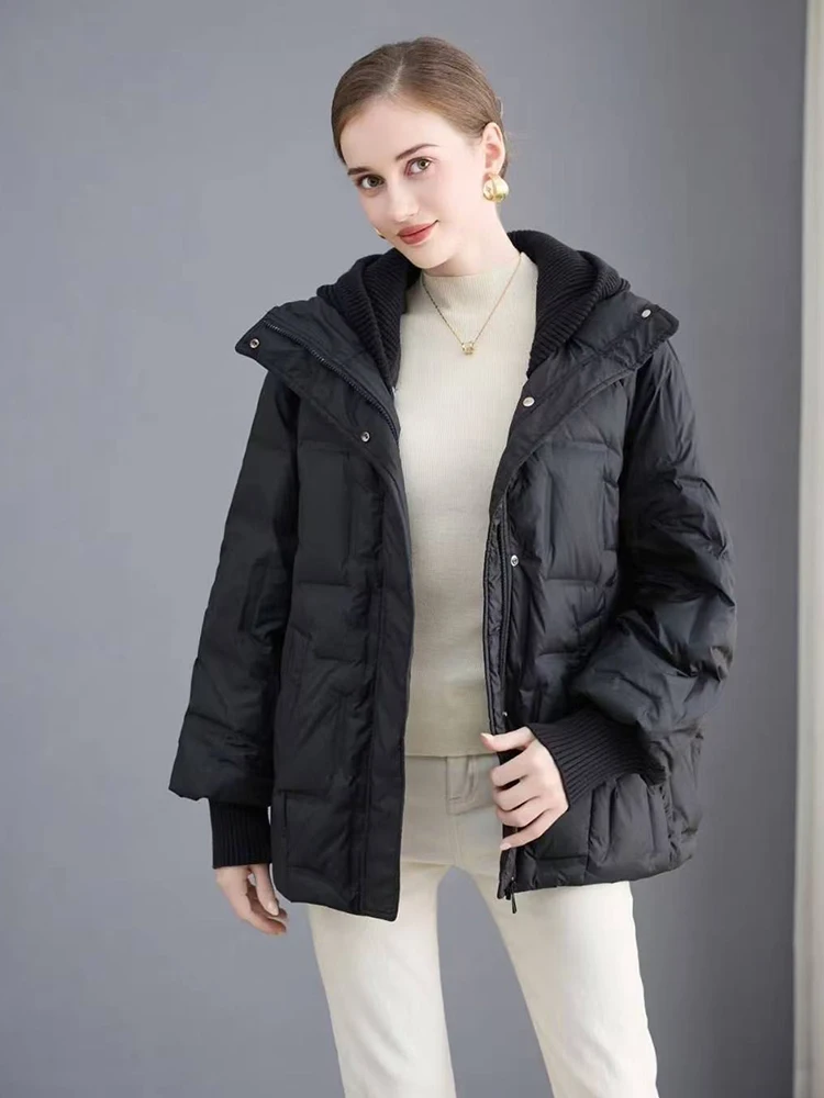 Winter Removable Knitted Hooded Mid Length Down Jacket Women White Duck Down Parker Down Jackets Female Warm Outwears Overcoat
