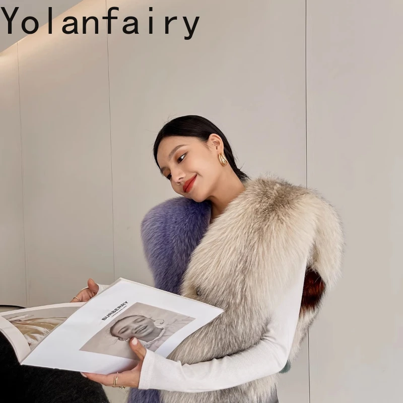 YOLANFAIRY بلوزة نسائية مستوردة من فرو الثعلب والمنك برقبة على شكل حرف v بتصميم قصير سترة فرو على طراز شارع العليا Csба2025