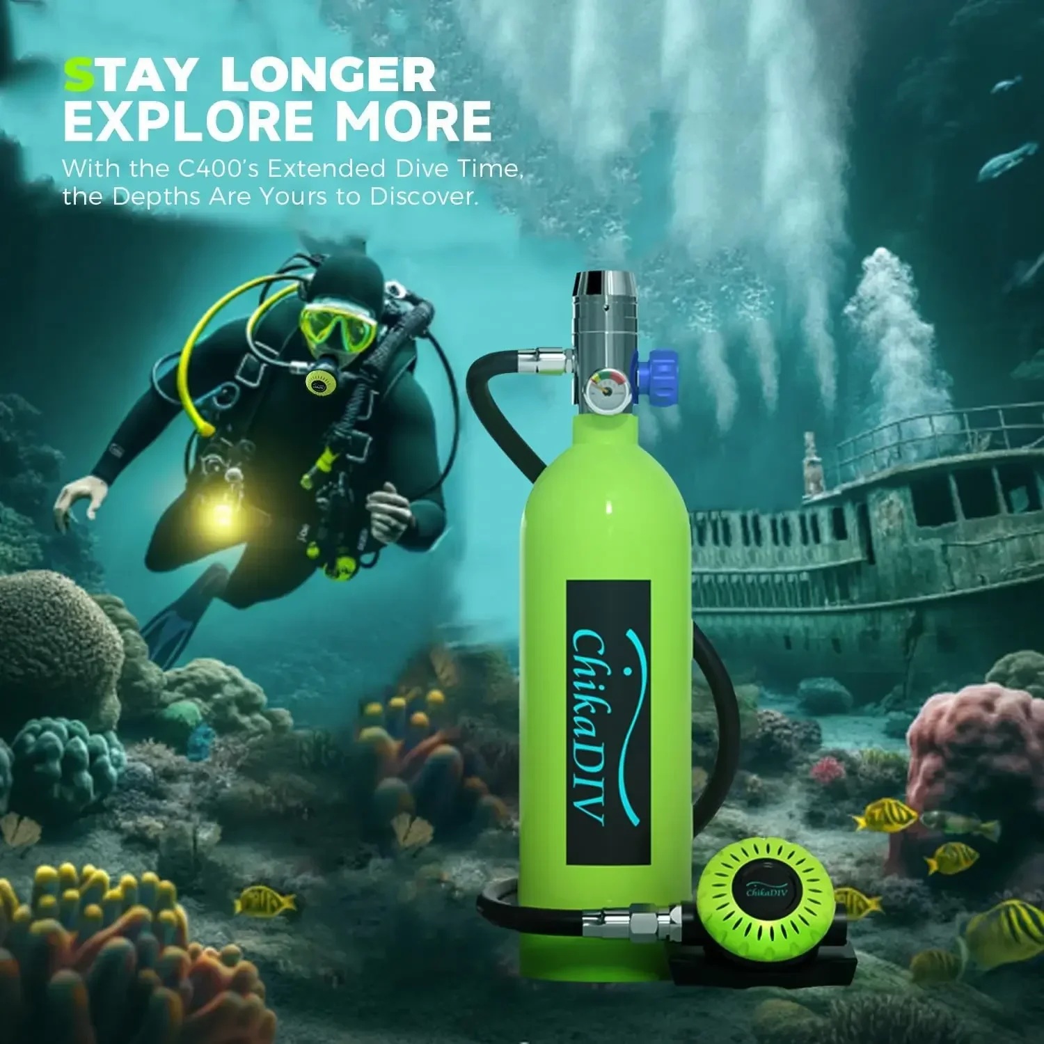 معدات خزان الغوص الصغيرة CHIKADIV C400، أسطوانة غوص صغيرة لمدة 15-20 دقيقة تحت الماء، طقم غوص للسفر في الهواء الطلق